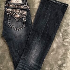Miss Me Dark Wash Flare Jeans with Embellished Pockets